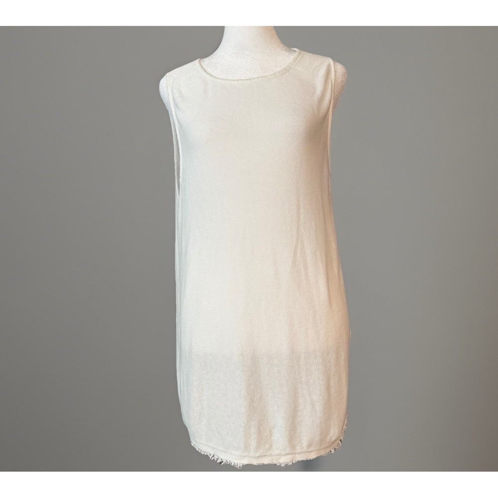 J Jill Tunic Top Large Ivory Sleeveless Knit Frayed Hem Minimalist